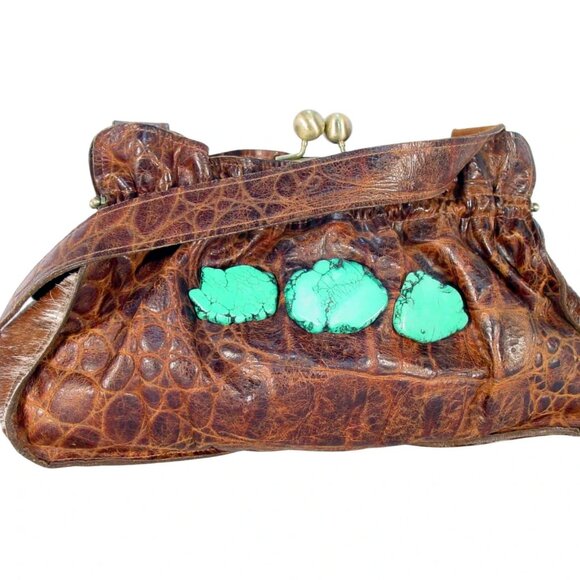 ARAHOE $400 Western Croc Leather Turquoise Kisslock Bag - Made in the USA - Picture 6 of 13